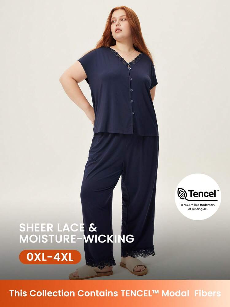 Women Dark Blue Plus TENCEL™ Modal Lace Short Sleeve Shirt & Pants Women Pajama Set Lounge Set Lingerie