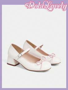 Dola Lovely 圆头蝴蝶结踝带粗跟女式高跟鞋，适合春假、复活节、圣诞节等场合，仙女风 - 杏色 - 查看 3
