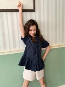DAZY Tween Girl Solid Color Frill Trim Short Petal Sleeve Single-Breasted Casual Shirt Summer - Navy Blue - View 6