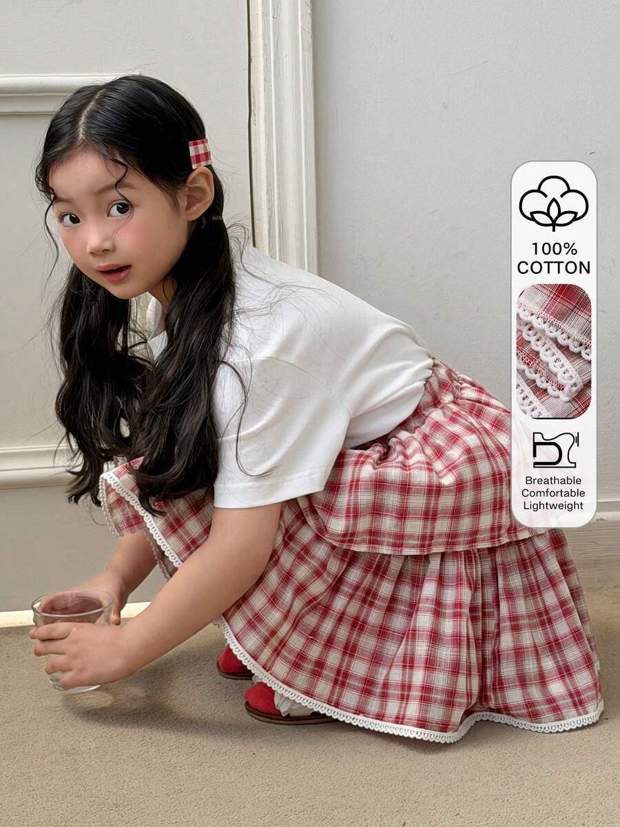 DAZY Bộ áo thun ngắn tay thêu hình bướm và chân váy xếp ly kẻ caro đỏ cho bé gái, trang phục mùa hè mới. - Nhiều màu - Xem 1