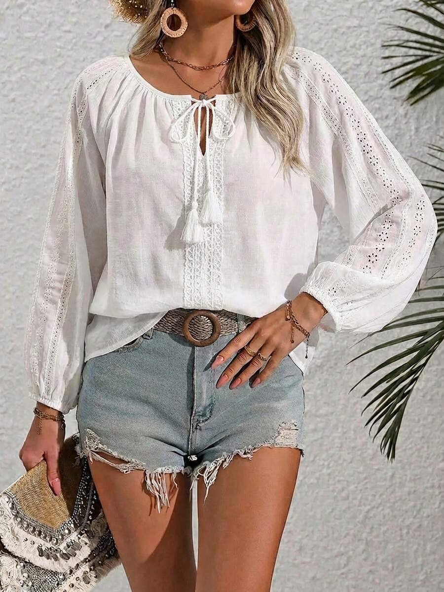 Women's Bohemian Style Long Sleeve Tie Neck Blouse, Drop Shoulder Design, Button Front Detail, Non-Stretch Fabric, Regular Length - Cream - View 1