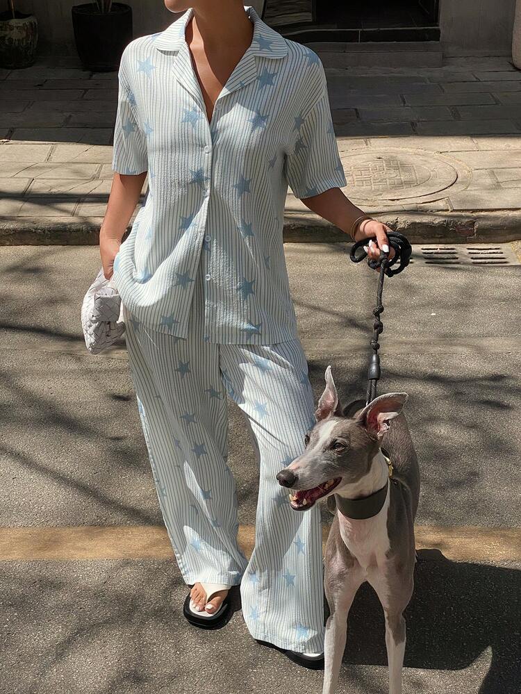 2pcs/Set Women Striped Star Pattern Loose Cardigan Short Sleeve Top And Straight Long Pants Pajama Set, Summer