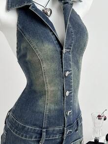 Elamini 时尚休闲翻领水洗牛仔背带连体裤 - 深色水洗藍 - 查看 3