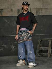 AXEPEAK 男士圆领字母图案休闲百搭日常短袖T恤 - 黑色 - 查看 2