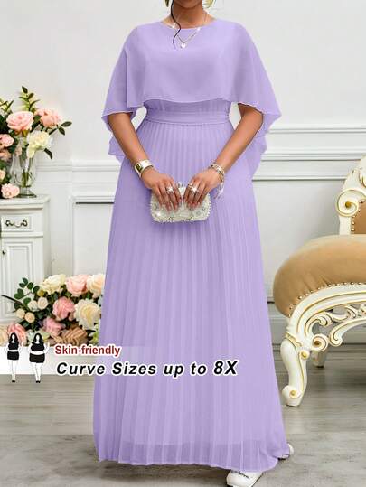 SHEIN CURVE+ Plus Size Women's Spring And Summer Elegant Commuting Office Party Wedding Cocktail Party Concert/Music Festival Purple Woven Chiffon Round Neck Lace Up Pleated Quarter Sleeves Plus Size Dress Elegant Women's Dress Elegant Set