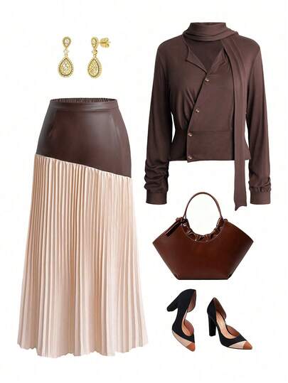 GlowEve CURVE Plus Size Solid Color Long Sleeve Shirt And Pleated Skirt 2 Pieces Set