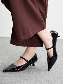 CUCCOO BIZCHIC 女士黑色漆皮尖头金属扣通勤百搭时尚高跟鞋春季鞋 - 黑色 - 查看 5