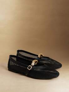 Rosivie Giày Mary Jane kiểu dáng Hàn Quốc độc đáo, chất liệu lưới chấm bi thoáng khí, khóa cài, dành cho nữ, kiểu giày búp bê đế bằng, đế mềm. - màu đen - Xem 3