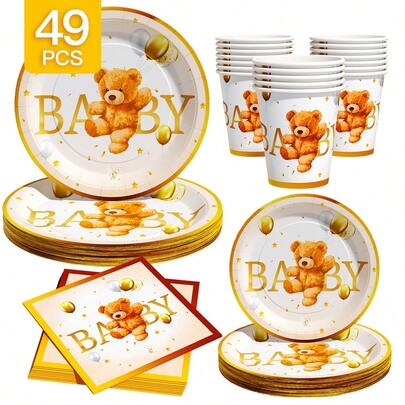 Gold Trim Little Bear Baby Disposable Plates, Napkins And Cups Set For 8 Guests.This Disposable Party Supplies Set, Including Plates, Napkins And Cups, Is Perfect For Birthday Parties, Weddings And Family Picnics.