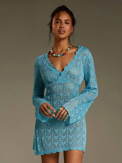 Athîral Women's V-Neck Long Sleeve Hollow Design Knitted Dress