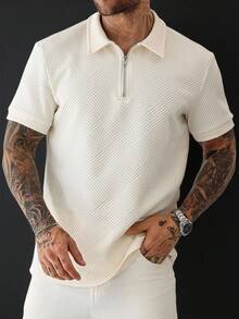 Manfinity Homme Men Quarter Zipper Collar Work Casual Golf Polo Shirt, Boyfriend Gift - Apricot - View 4