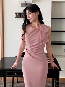xheDAZY Vestido de verano elegante de longitud media con cuello redondo, hombros plisados, nudo y sin mangas, de unicolor, para cóctelxhe - Rosa - Ver 6