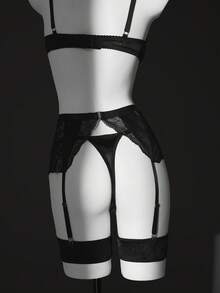 5pcs Romantic Lace Patchwork Satin Padded Bra Set Lingerie Set - Black - View 11