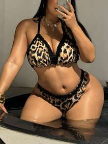 Swim SXY Plus Size Women 2pcs Leopard Print Halter Sexy Beach Vacation Bikini Set - Multicolor - View 3