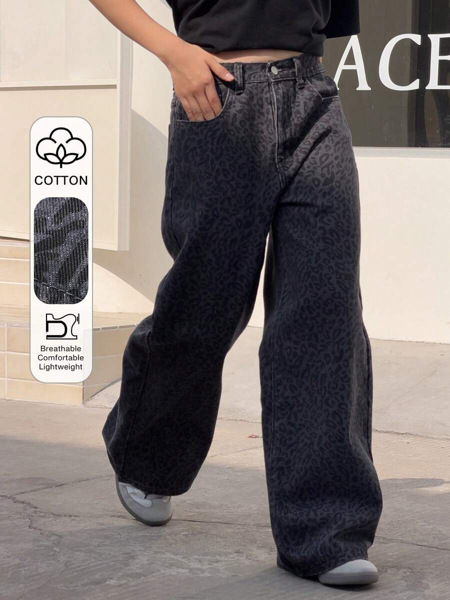 DAZY 女童豹纹牛仔裤 - 黑色 - 查看 1
