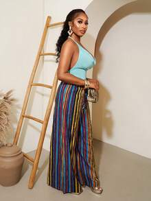 SHEIN BamGlam 亮丽多色条纹抽绳腰阔腿裤 - 度假和夏季外出的完美之选 - 彩色 - 查看 5