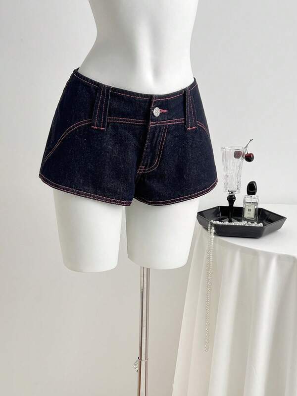 Elamini Fashionable Asymmetrical Waist Washed Super Short Denim Shorts