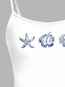 复古海龟、贝壳和花朵图案印花白色休闲性感吊带背心，适合度假、音乐节、海滩度假、少女夏季穿着。 - 彩色 - 查看 6
