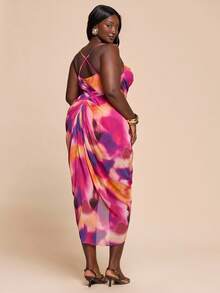 SHEIN BAE Plus Size Women's Tie-Dye Print Mesh Ruched Spaghetti Strap Camisole Dress,Side Slit Hem Pink Summer Beach Holiday Vacation,Y2k Club Outfits - Multicolor - View 2