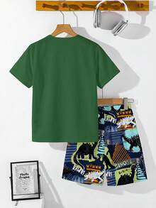 Conjunto informal minimalista de camiseta de manga corta con cuello redondo y estampado de dinosaurios, y pantalones cortos para niño preadolescente, adecuado para primavera/verano - Multicolor - Ver 3