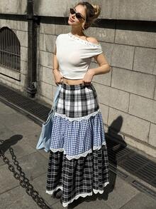 MainGRL 女士格子拼接蕾丝时尚百搭约会/旅行迷你裙 - 彩色 - 查看 5