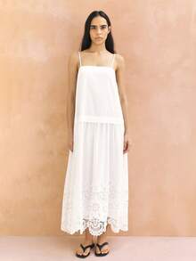 KSTM 女士白色露背吊带长裙，蕾丝裙摆，可调节肩带，适合夏季休闲、海滩、婚礼宾客等场合 - 白色 - 查看 4