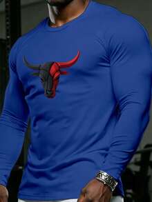 GymBeat Áo thun thể thao dài tay raglan in hình bò tót dành cho nam, áo nén tập gym nam, áo tập luyện nam, áo dài tay thấm hút mồ hôi, áo tập luyện dài tay. - Màu xanh hải quân - Xem 3