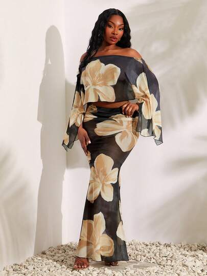 SHEIN SXY Plus Size Women's Floral Off Shoulder Top And Fish Tail Skirt Sexy Fashion 2-Piece Set