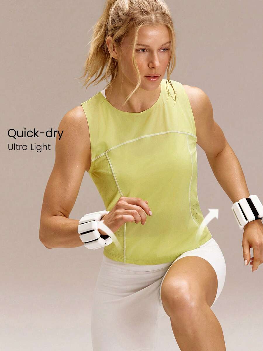 GLOWMODE Power Hour Lightweight Quick-Dry Mesh Waist-Length Regular Fit Cutout Back Contrasting Seam Tank Top Running Jogging Gym Training Tennis Golf Daily Active Wear - Yellow - View 1