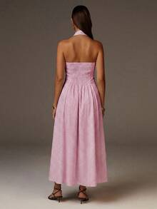 Athîral Women's Polka Dot Halter Neck Long Dress, Suitable For Summer Dates And Parties - Baby Pink - View 2