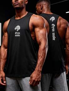 GymBeat Men's Letter & Tiger Print Casual Fitness Workout Tank Top - Black - View 1