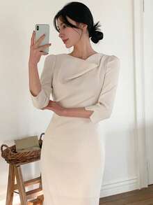 DAZY 女士优雅收腰中长连衣裙 - 杏色 - 查看 2