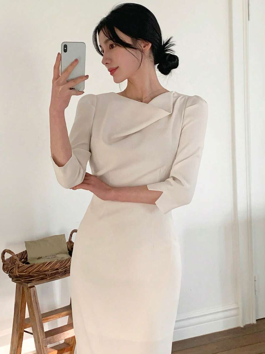 DAZY Women's Elegant Waist-Cinched Mid-Length Dress - Apricot - View 1