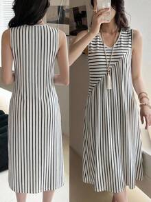 EMERY ROSE 女士条纹V领休闲宽松无袖中长连衣裙 - 黑與白 - 查看 1