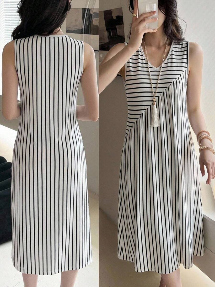 EMERY ROSE 女士条纹V领休闲宽松无袖中长连衣裙 - 黑與白 - 查看 1