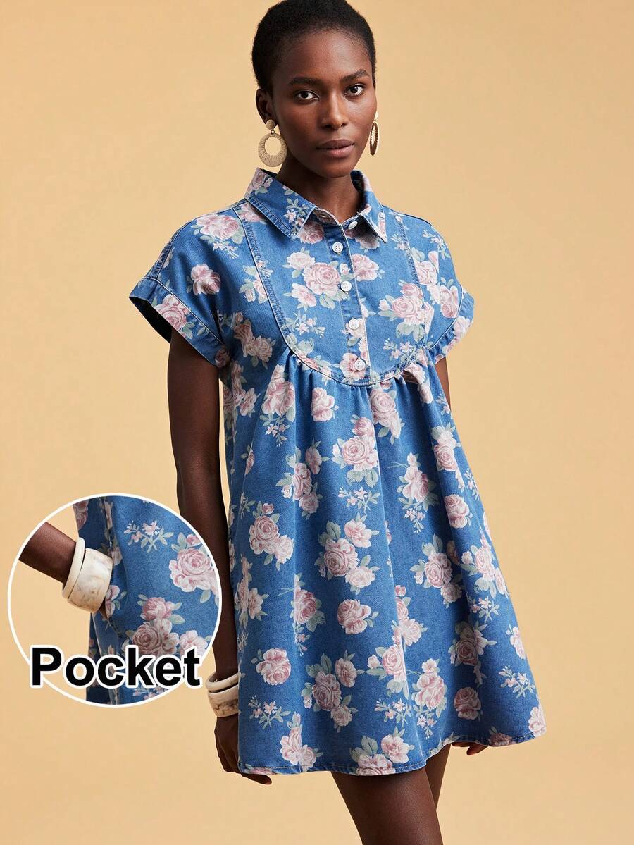 Travachic 女士短袖全印花荷叶边下摆牛仔夏季连衣裙 - 淺色水洗藍 - 查看 1