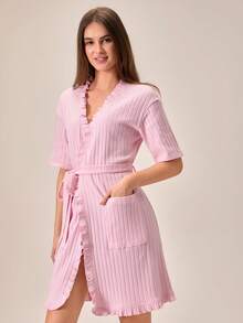 Loomlin Women Cotton Rib Knit Ruffle & Pocket Detail Short Sleeve Homewear Lounge Robe - Pink - View 6