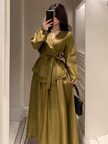 Dazy Kids 2件套春季高端连体上衣+高腰喇叭裙衬衫套装，适合少女 - 芥末黃 - 查看 4