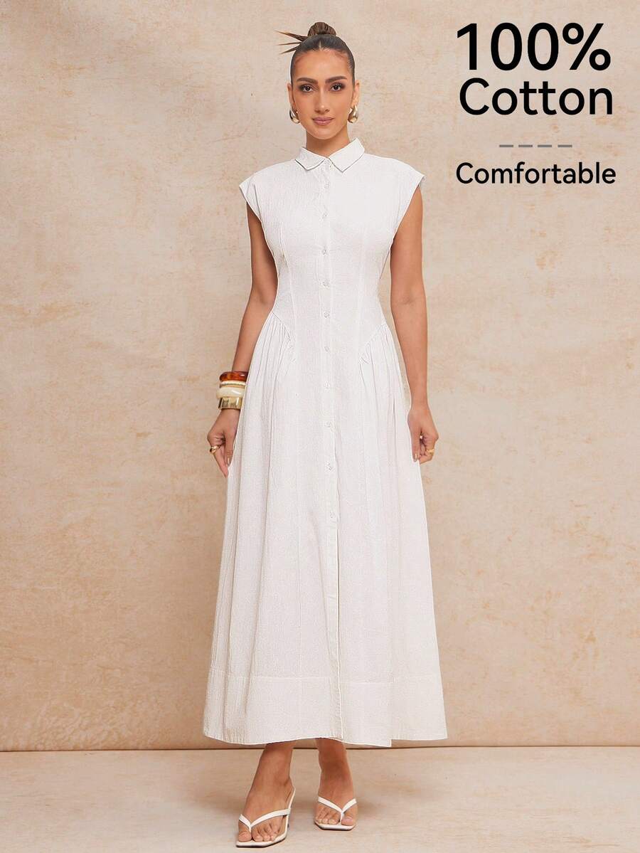 Lumalex 100Cotton Women's Solid Color Casual Casual Minimalist Everyday Dress ,Elegant And Casual Sleeveless A-Line Long Dress With Shirt Collar Graduation Dress,Wedding Guest Brunch Dress Women,Vacation Outfits Woman,Graduation Dresses For Women,Sundress,Birthday Dresses For Women,Off-White Dress Business Casual Woman Summmer Elegant Evening Dress Party Button Down Dress For Women Elegant Dress