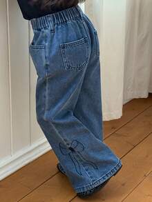 DAZY 女童蝴蝶结刺绣喇叭牛仔裤 - 藍色 - 查看 7