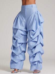 NYA SZN 时尚通勤族夸张褶皱宽松裤 - 藍色 - 查看 6