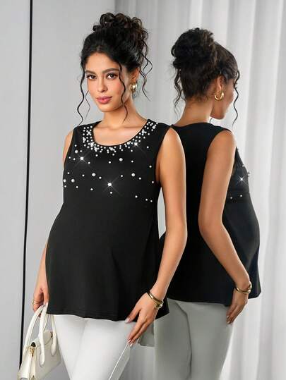 Momance 孕妇无袖圆领珍珠装饰A字吊带衫