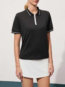 CourtClass 女士条纹拉链高尔夫球衫 网球上衣 女士网球高尔夫上衣 女士高尔夫上衣 - 黑色 - 查看 5