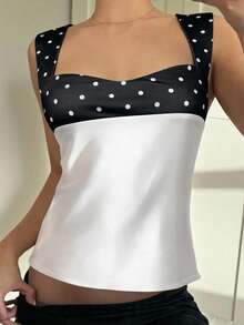 CovetEZ 2026新款女士甜美休闲派对缎面波点撞色拼接露背系带吊带衫 - 黑與白 - 查看 3