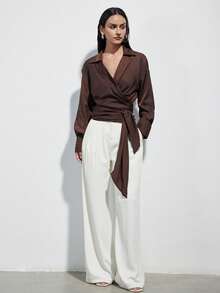 Aveloria Modichic New Arrival French Retro Criss-Cross Strap V-Neck Blouse, Slimming Design - Brown - View 3