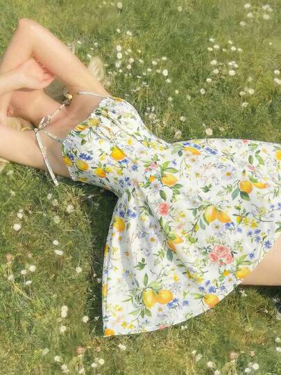 SHEIN MOD Lemon Vacation Floral Bow Strap Short Dress