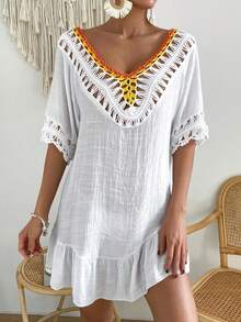 SHEIN Swim Vestido de cubrir con diseño de espalda descubierta y lazo con flores de ganchillo para vacaciones de mujer - Blanco - Ver 4