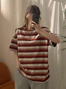 DAZY 女士休闲条纹落肩宽松T恤，夏季 - 紅色 - 查看 3