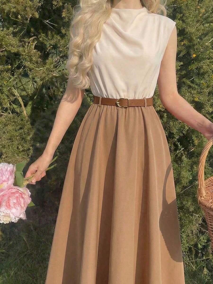 少女简约优雅白色立领无袖褶皱A字长裙，适合日常通勤 - 卡其色 - 查看 1