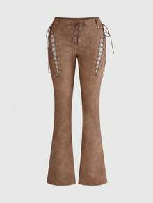 ROMWE Fairycore Sexy Siren Brown PU Skinny Lace-Up Women Pants - Brown - View 1